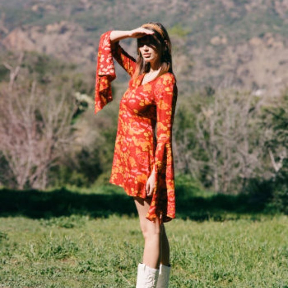 NEW Cider Blossom Floral Bell Sleeve Hippie Retro Mini Dress Sz XS